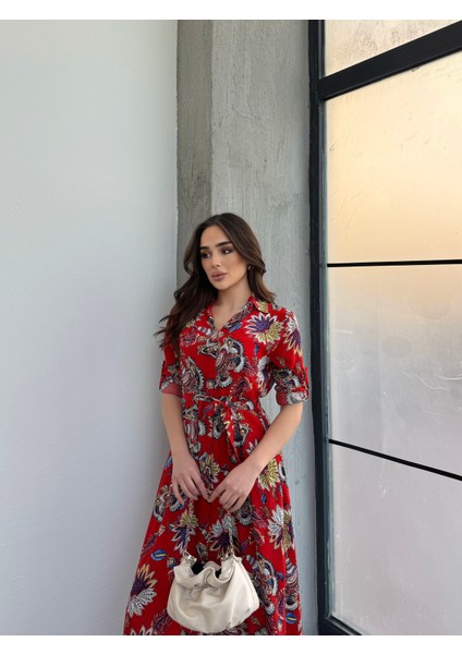 Lilyum Desen Kırmızı Gömlek Elbise indirimleri