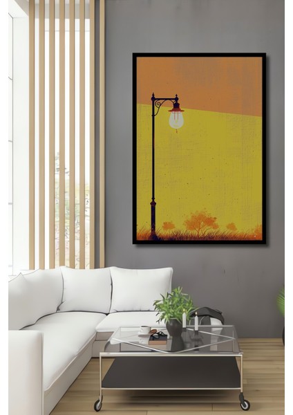Çerçeve Görünümlü Gün Batımı Altında Nostaljik Lamba Yağlı Boya Görünümlü Ahşap Ofis Kare Tablo