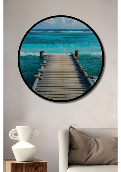 Çerçeve Görünümlü Turkuaz Deniz Ahşap Iskele Manzarası Salon Ahşap Yuvarlak Tablo