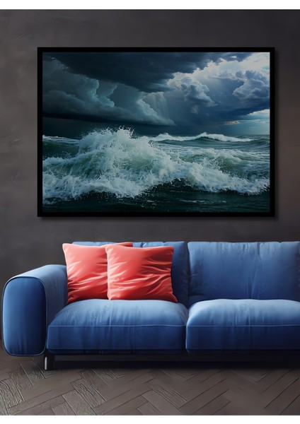 Çerçeve Görünümlü Fırtınalı Deniz Yağlı Boya Görünümlü Dekoratif Ahşap Ev/işyeri/ofis Kare Tablo