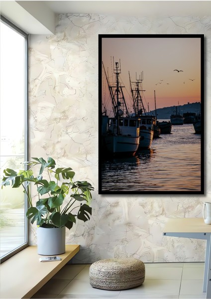 Çerçeve Görünümlü Gün Batımı Balıkçı Tekneleri Yağlı Boya Görünümlü Dekoratif Ahşap Ofis Kare Tablo