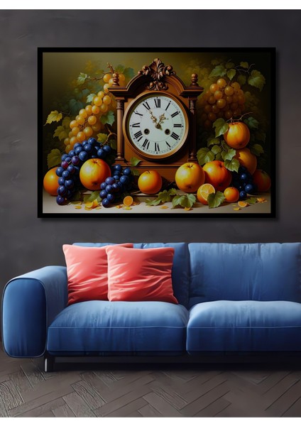 Çerçeve Görünümlü Meyve Şöleni ve Nostaljik Saat Yağlı Boya Görünümlü Ahşap Ofis Kare Tablo