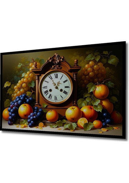 Çerçeve Görünümlü Meyve Şöleni ve Nostaljik Saat Yağlı Boya Görünümlü Ahşap Ofis Kare Tablo fiyatları
