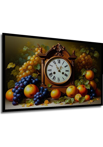 Çerçeve Görünümlü Meyve Şöleni ve Nostaljik Saat Yağlı Boya Görünümlü Ahşap Ofis Kare Tablo modelleri