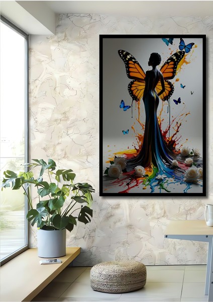 Çerçeve Görünümlü Kelebek Kanatlı Kadın Rüyası Yağlı Boya Görünümlü Dekoratif Ahşap Ofis Kare Tablo
