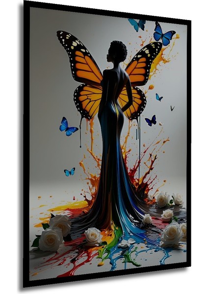 Çerçeve Görünümlü Kelebek Kanatlı Kadın Rüyası Yağlı Boya Görünümlü Dekoratif Ahşap Ofis Kare Tablo modelleri