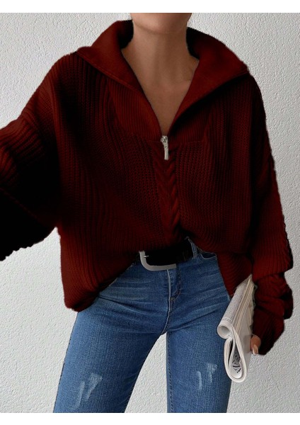 Selanik Örgülü Fermuarlı Tunik Triko Kazak