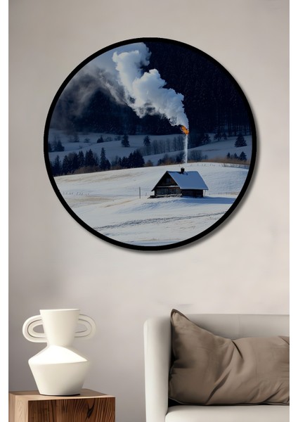 Çerçeve Görünümlü Kar Manzaralı Dekoratif Ahşap Ev ve Duman Ev/işyeri/ofis Yuvarlak Tablosu
