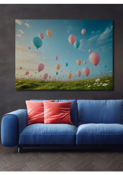 Pastel Renklerde Uçan Balonlar Yağlı Boya Görünümlü Dekoratif Ahşap Ev/işyeri/ofis Kare Tablo