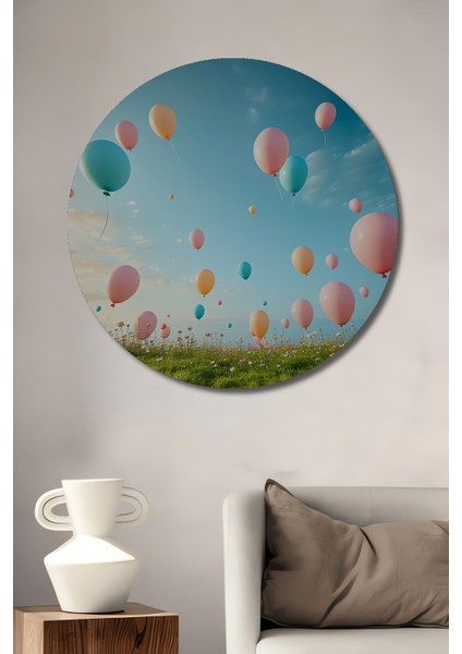 Pastel Renklerde Uçan Balonlar Yağlı Boya Görünümlü Dekoratif Ahşap Ev/işyeri/ofis Yuvarlak Tablo