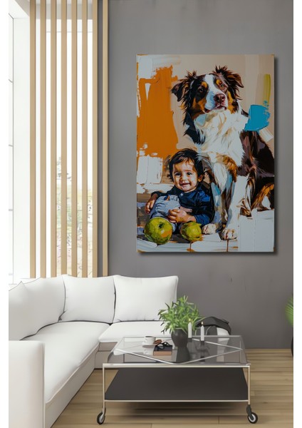 Sevimli Çocuk ve Köpek Dostluğu Yağlı Boya Görünümlü Ev/işyeri/ofis Dekoratif Ahşap Kare Tablo