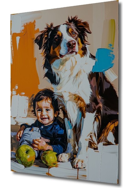 Sevimli Çocuk ve Köpek Dostluğu Yağlı Boya Görünümlü Ev/işyeri/ofis Dekoratif Ahşap Kare Tablo fiyatları