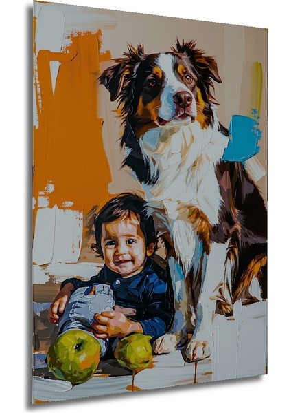 Sevimli Çocuk ve Köpek Dostluğu Yağlı Boya Görünümlü Ev/işyeri/ofis Dekoratif Ahşap Kare Tablo modelleri