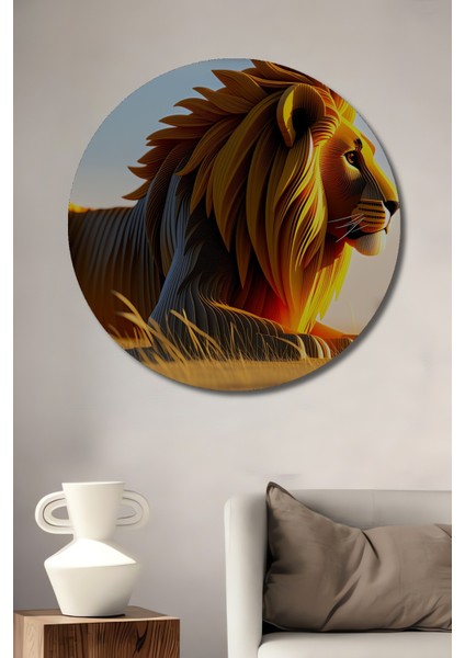 Altın Yeleli Aslan Dijital Sanat Ev/işyeri/ofis Dekoratif Ahşap Yuvarlak Tablo