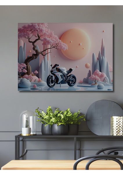 Sakura Ağaçları Arasında Rüya Gibi Motor Yağlı Boya Görünümlü Dekoratif Ahşap Ev/işyeri/ofis Tablo