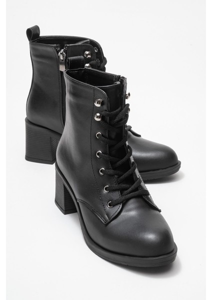Kadın Topuklu Kancalı Bağcıklı Bot Siyah Cilt