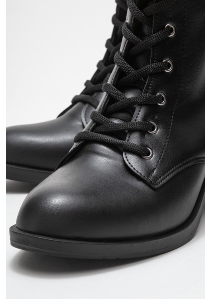 Kadın Topuklu Kancalı Bağcıklı Bot Siyah Cilt modelleri