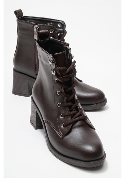 Kadın Topuklu Kancalı Bağcıklı Bot Kahve Cilt