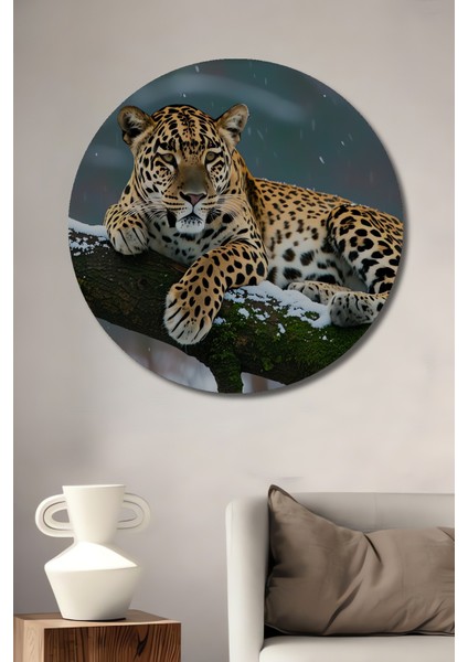 Kar Leoparı Karda Yağlı Boya Görünümlü Dekoratif Ahşap Ev/işyeri/ofis Yuvarlak Tablo