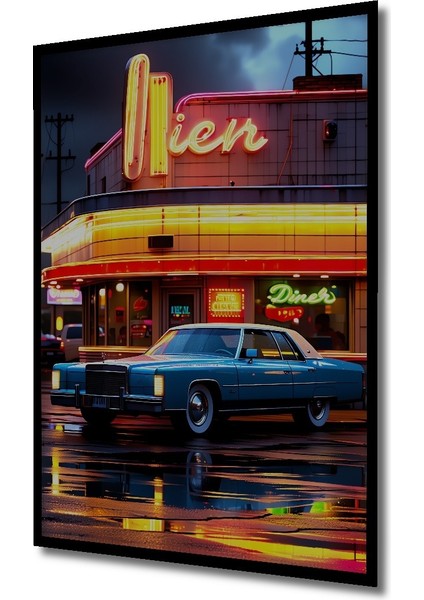 Çerçeve Görünümlü Retro Diner Önünde Klasik Araba Yağlı Boya Görünümlü Ahşap Ofis Kare Tablo fiyatları