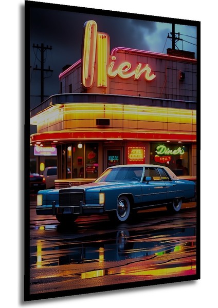 Çerçeve Görünümlü Retro Diner Önünde Klasik Araba Yağlı Boya Görünümlü Ahşap Ofis Kare Tablo modelleri