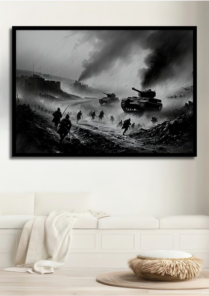 Çerçeve Görünümlü Savaşın Kara Kalem Görünümlü Destansı Anı Dekoratif Ahşap Işyeri/ofis Kare Tablo