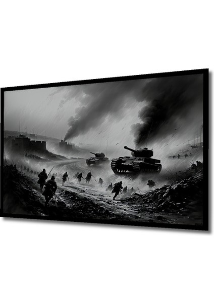 Çerçeve Görünümlü Savaşın Kara Kalem Görünümlü Destansı Anı Dekoratif Ahşap Işyeri/ofis Kare Tablo fiyatları