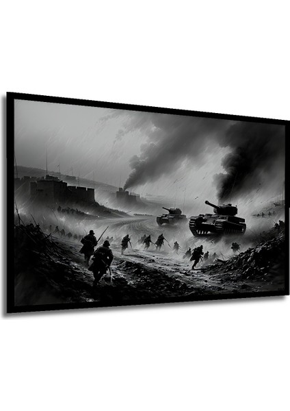 Çerçeve Görünümlü Savaşın Kara Kalem Görünümlü Destansı Anı Dekoratif Ahşap Işyeri/ofis Kare Tablo modelleri