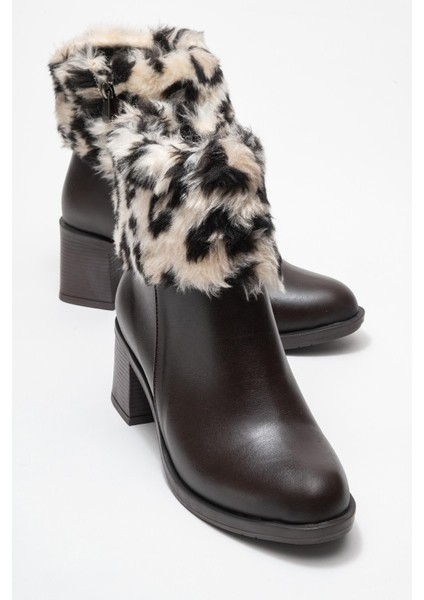 Kadın Topuklu Kürklü Boğazlı Bot Kahve Cilt