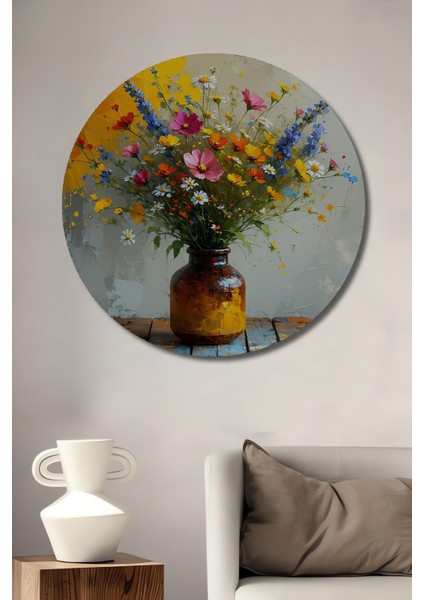 Vazoda Renkli Kır Çiçekleri Yağlı Boya Görünümlü Dekoratif Ahşap Ev/işyeri/ofis Yuvarlak Tablo