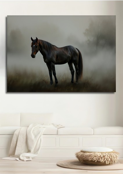 Sisli Ormanda At Yağlı Boya Görünümlü Dekoratif Ahşap Ev/işyeri/ofis Kare Tablo