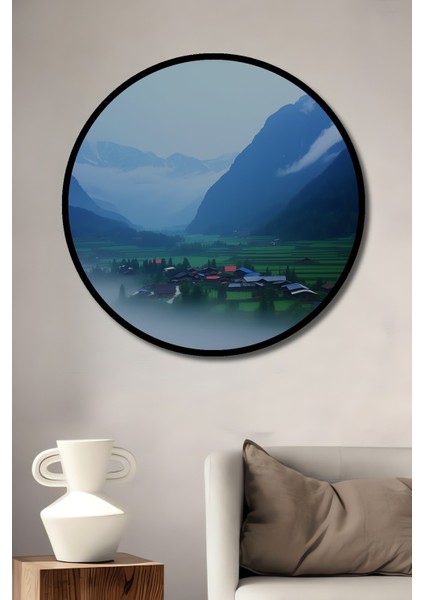 Çerçeve Görünümlü Sisli Dağ Köyü Yağlı Boya Görünümlü Dekoratif Ahşap Ev/işyeri/ofis Yuvarlak Tablo