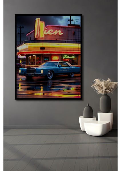 Çerçeve Görünümlü Retro Diner Önünde Klasik Araba Yağlı Boya Görünümlü Ahşap Ofis Kare Tablo