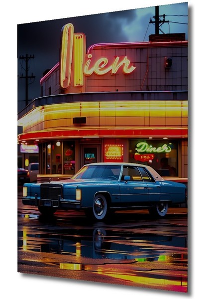 Retro Diner Önünde Klasik Araba Yağlı Boya Görünümlü Dekoratif Ahşap Ev/işyeri/ofis Kare Tablo fiyatları