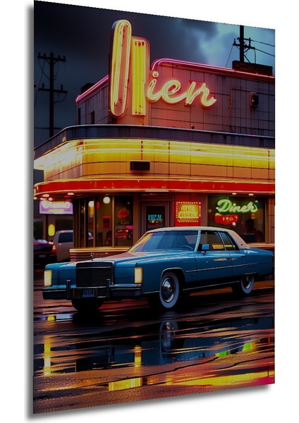 Retro Diner Önünde Klasik Araba Yağlı Boya Görünümlü Dekoratif Ahşap Ev/işyeri/ofis Kare Tablo modelleri