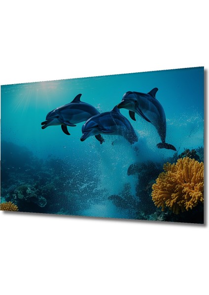 Denizaltı Dünyası Yunuslar Yağlı Boya Görünümlü Dekoratif Ahşap Ev/işyeri/ofis Kare Tablo fiyatları