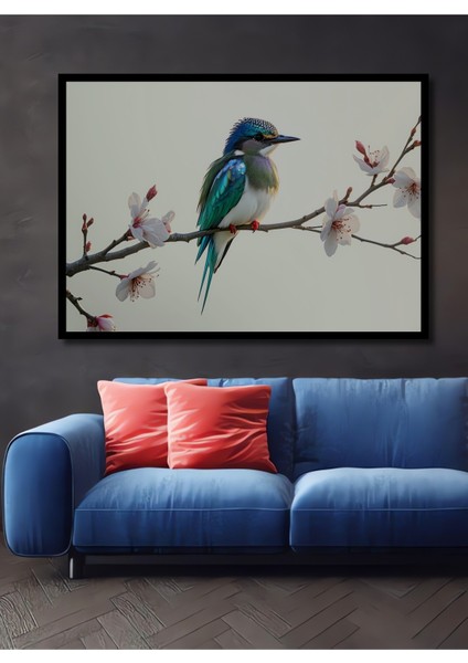 Çerçeve Görünümlü Bahar Dalları Üzerinde Turkuaz Kuş Sulu Boya Görünümlü Ahşap Ofis Kare Tablo