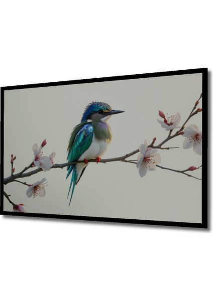 Çerçeve Görünümlü Bahar Dalları Üzerinde Turkuaz Kuş Sulu Boya Görünümlü Ahşap Ofis Kare Tablo fiyatları