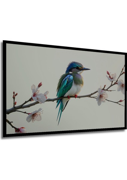 Çerçeve Görünümlü Bahar Dalları Üzerinde Turkuaz Kuş Sulu Boya Görünümlü Ahşap Ofis Kare Tablo modelleri