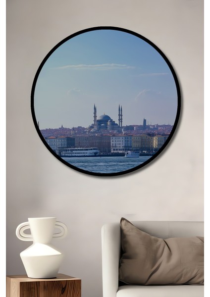 Çerçeve Görünümlü Istanbul Panorama Yağlı Boya Görünümlü Dekoratif Ahşap Işyeri/ofis Yuvarlak Tablo