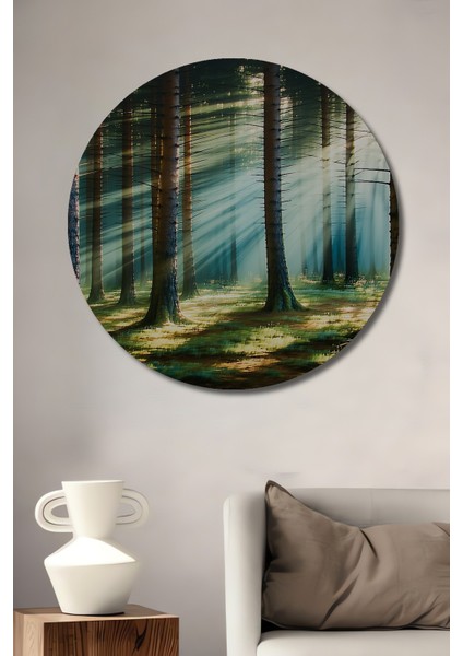 Güneş Işınları Ormanı Yağlı Boya Görünümlü Dekoratif Ahşap Ev/işyeri/ofis Yuvarlak Tablo