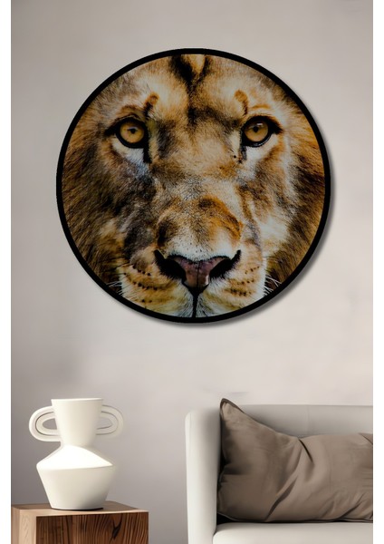 Çerçeve Görünümlü Yağlı Boya Görünümlü Aslan Portre Sanatı Ofis/salon Ahşap Dekoratif Yuvarlak Tablo