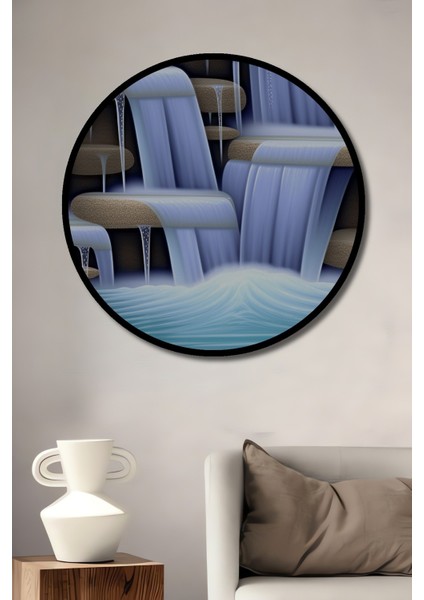 Çerçeve Görünümlü Cennetten Akan Şelale Yağlı Boya Görünümlü Dekoratif Ahşap Ofis Yuvarlak Tablo