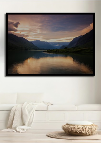 Çerçeve Görünümlü Huzurlu Göl Manzarası Yağlı Boya Görünümlü Dekoratif Ahşap Işyeri/ofis Kare Tablo