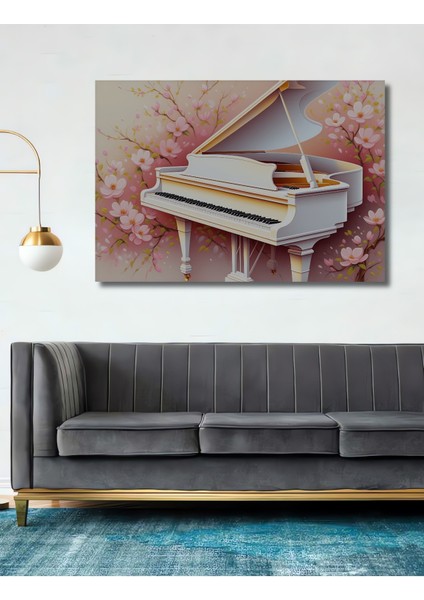 Romantik Piyano Sakura Çiçekleri Yağlı Boya Görünümlü Dekoratif Ahşap Ev/işyeri/ofis Kare Tablo