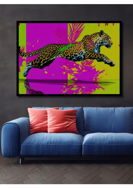 Çerçeve Görünümlü Neon Leopar Modern Sanat Yağlı Boya Görünümlü Dekoratif Ahşap Ofis Kare Tablo