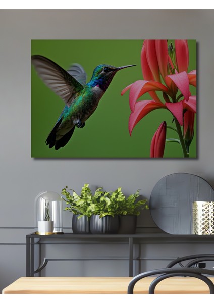 Sulu Boya Görünümlü Kolibri Kuşu ve Çiçek Ahengi Dekoratif Ahşap Ev/işyeri/ofis Kare Tablo