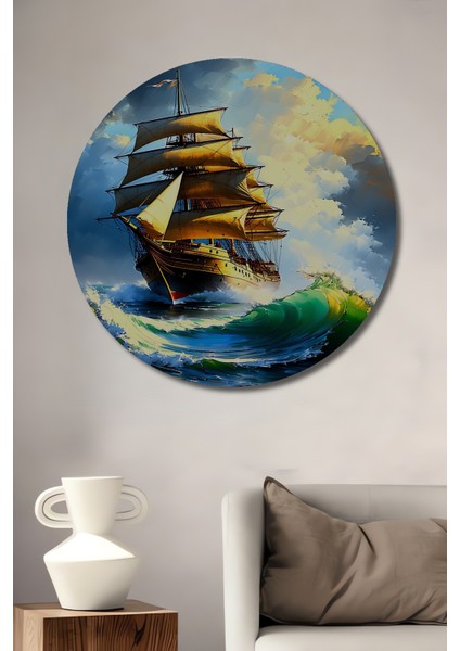 Altın Yelkenli Fırtına Yağlı Boya Görünümlü Dekoratif Ahşap Ev/işyeri/ofis Yuvarlak Tablo