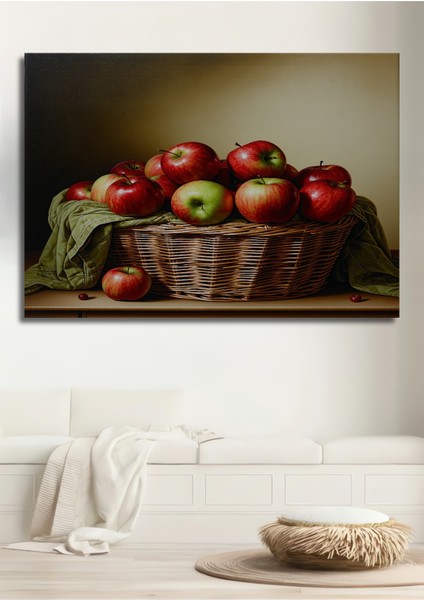 Elma Sepeti Yağlı Boya Görünümlü Dekoratif Ahşap Ev/işyeri/ofis Kare Tablo