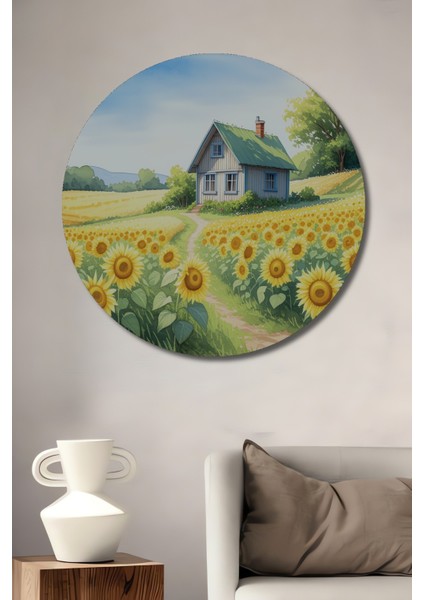 Sonsuz Ayçiçeği Tarlası Sulu Boya Görünümlü Dekoratif Ahşap Ev/işyeri/ofis Yuvarlak Tablo